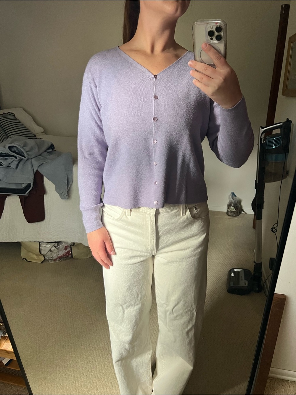 Ellen Tracy Lavender V-Neck Button Front Cardigan